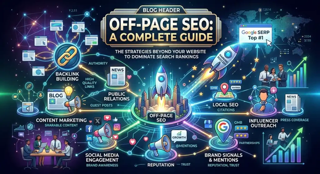 An infographic highlighting key Off-Page SEO strategies including backlink building, social media signals, local SEO, content marketing, and brand mentions to boost website rankings.