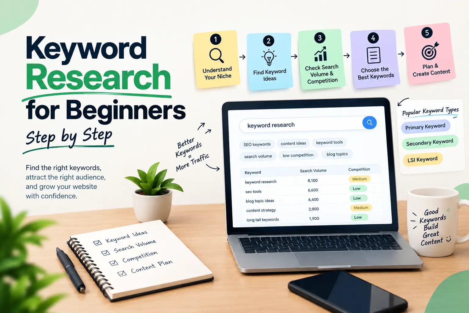 Keyword research for beginners step by step, including keyword ideas, search volume, competition, and content planning