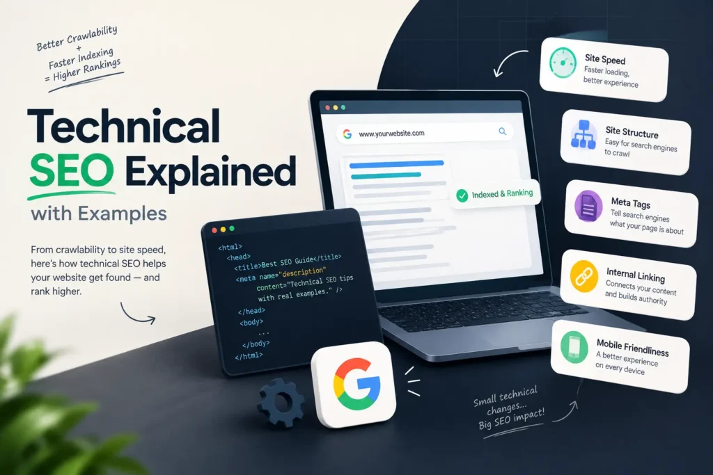 Technical SEO explained with examples, including website indexing, site speed, meta tags, internal linking, and mobile friendliness